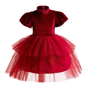 Abito per bambini Nuovo matrimonio Qipao Collo in piedi Abito per ragazze Velluto rosso Abito per bambini Abbigliamento natalizi