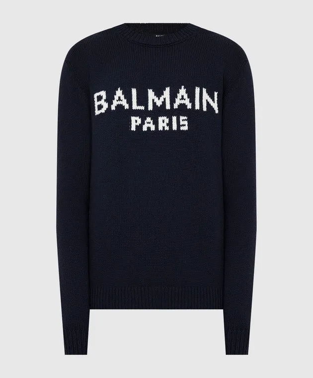 Balmain Maglione in lana merino blu navy con motivo logo WH1KD000K027