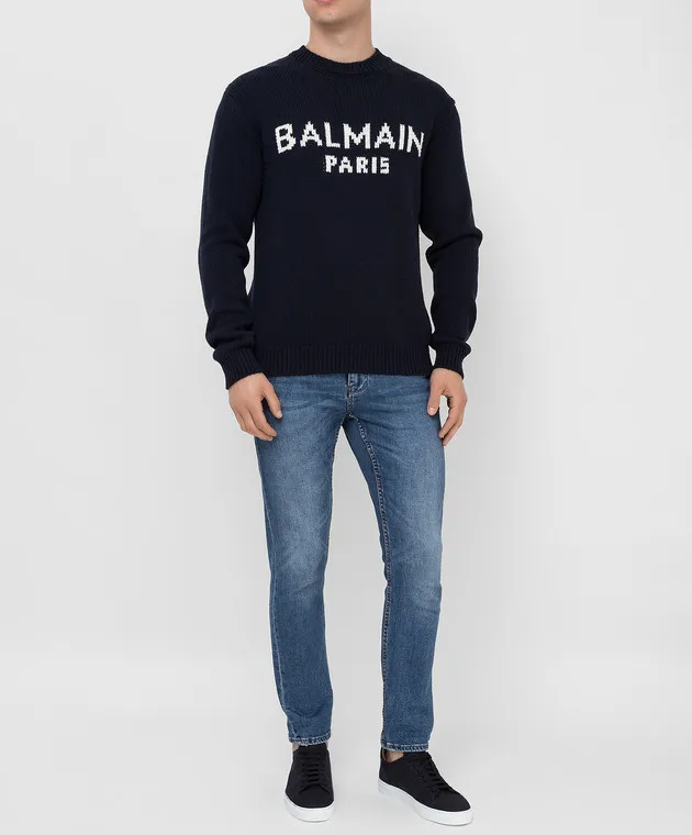 Balmain Maglione in lana merino blu navy con motivo logo WH1KD000K027