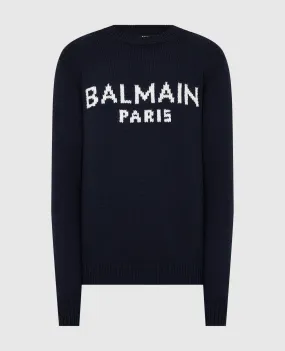 Balmain Maglione in lana merino blu navy con motivo logo WH1KD000K027