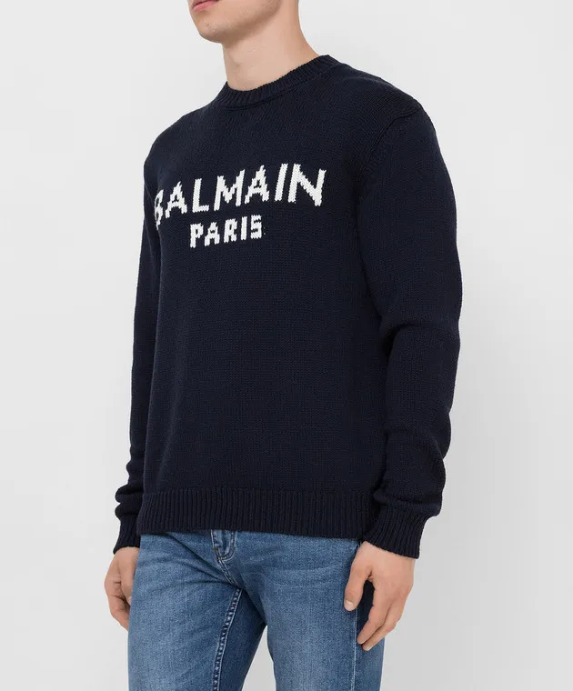 Balmain Maglione in lana merino blu navy con motivo logo WH1KD000K027