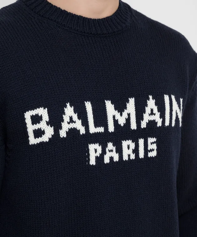 Balmain Maglione in lana merino blu navy con motivo logo WH1KD000K027